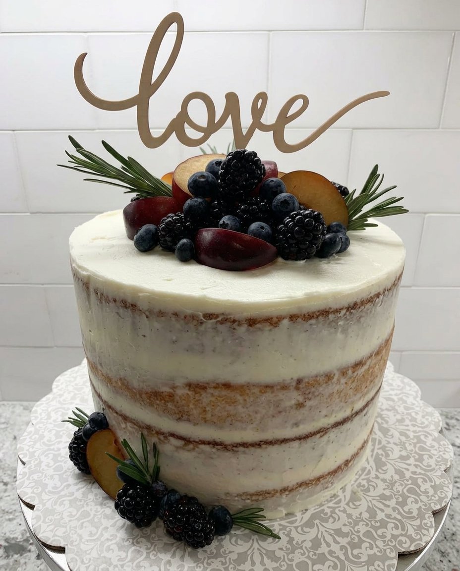 Nude cake served with fresh berries and a dollop of cream