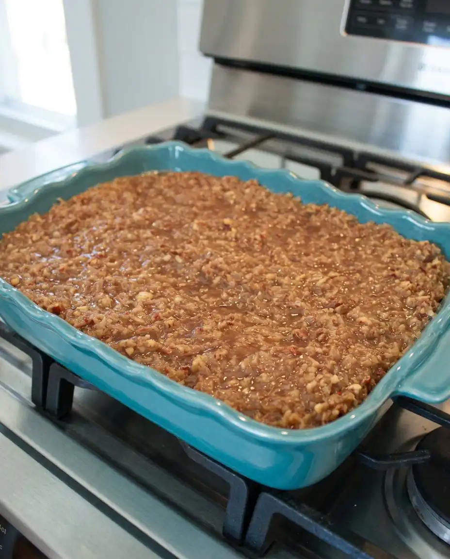 Close up of the oatmeal cake batter being mixed with visible spices and oats