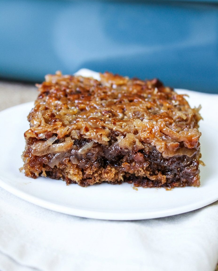 A moist oatmeal cake topped with a golden brown broiled coconut and nut crust