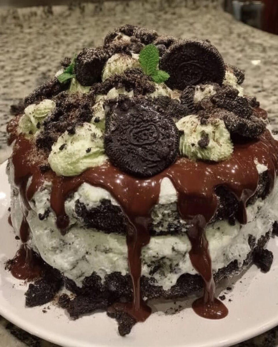 Close up of a spatula stirring crushed Oreo crumbs into a fluffy white buttercream frosting