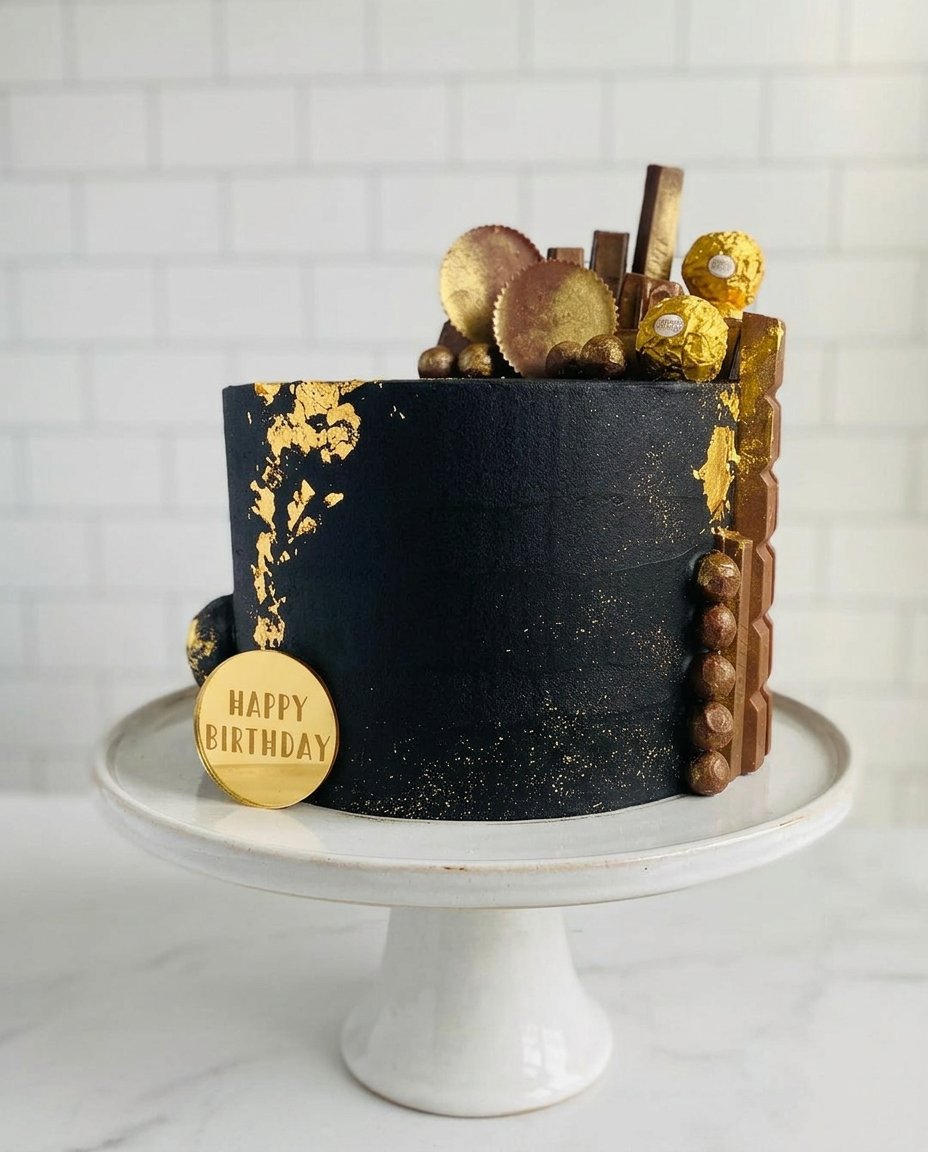 Black And Gold Cake 13 A hand painting gold luster dust onto white chocolate drips on a cake