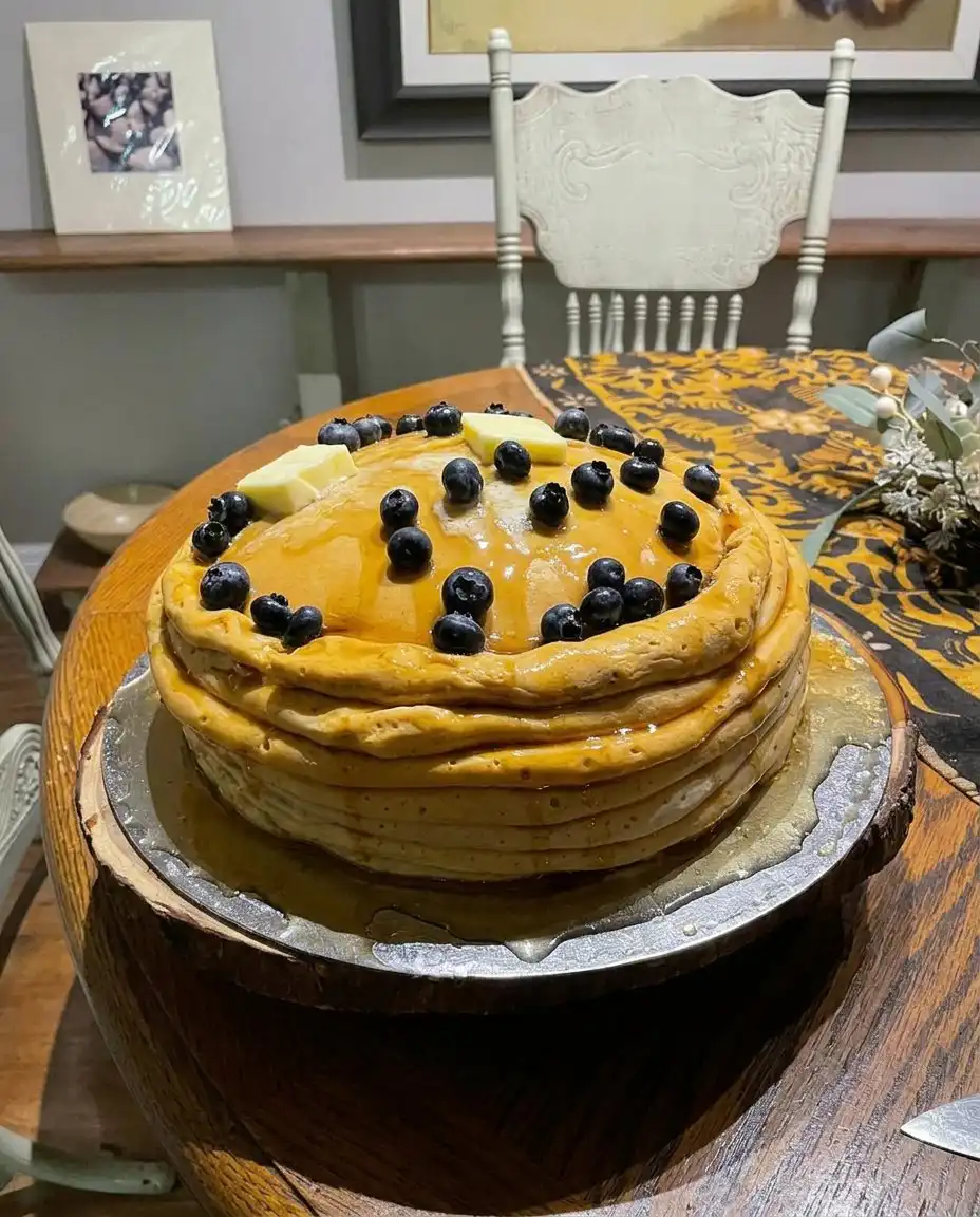 The finished pancake cake served on a blue plate with modeling chocolate blueberries