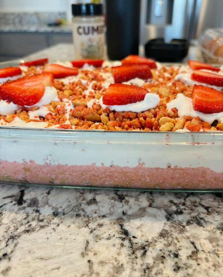 Ingredients for strawberry poke cake including cake mix and pie filling