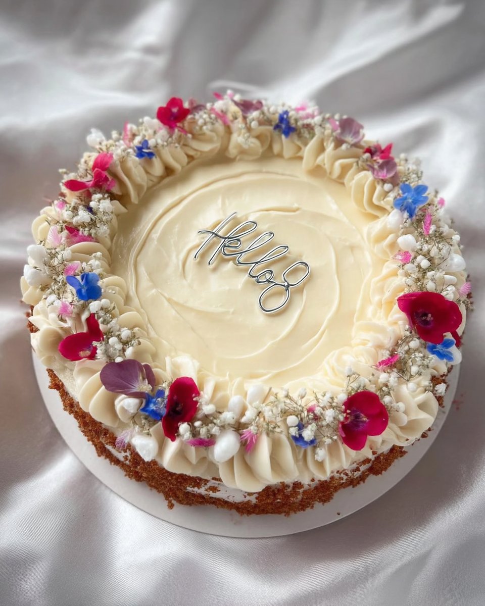 Close up of a hand piping a pink buttercream flower onto a white cake.