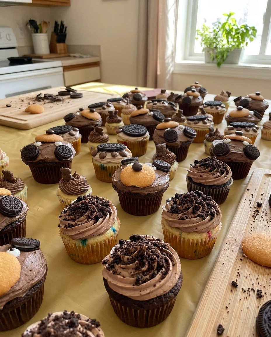 Close up of a star tip piping chocolate frosting to look like bear fur.