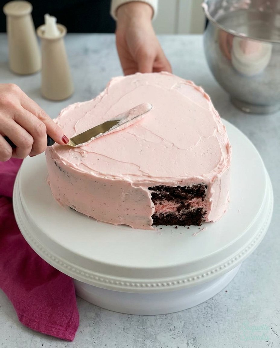 Close up of piping pink buttercream ruffles on a cake