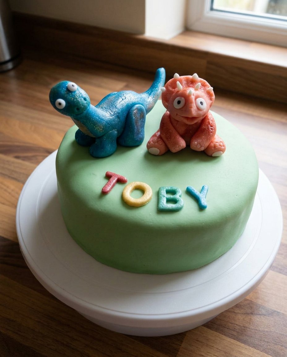 Close up of a piping bag with a grass nozzle adding green frosting to a cake