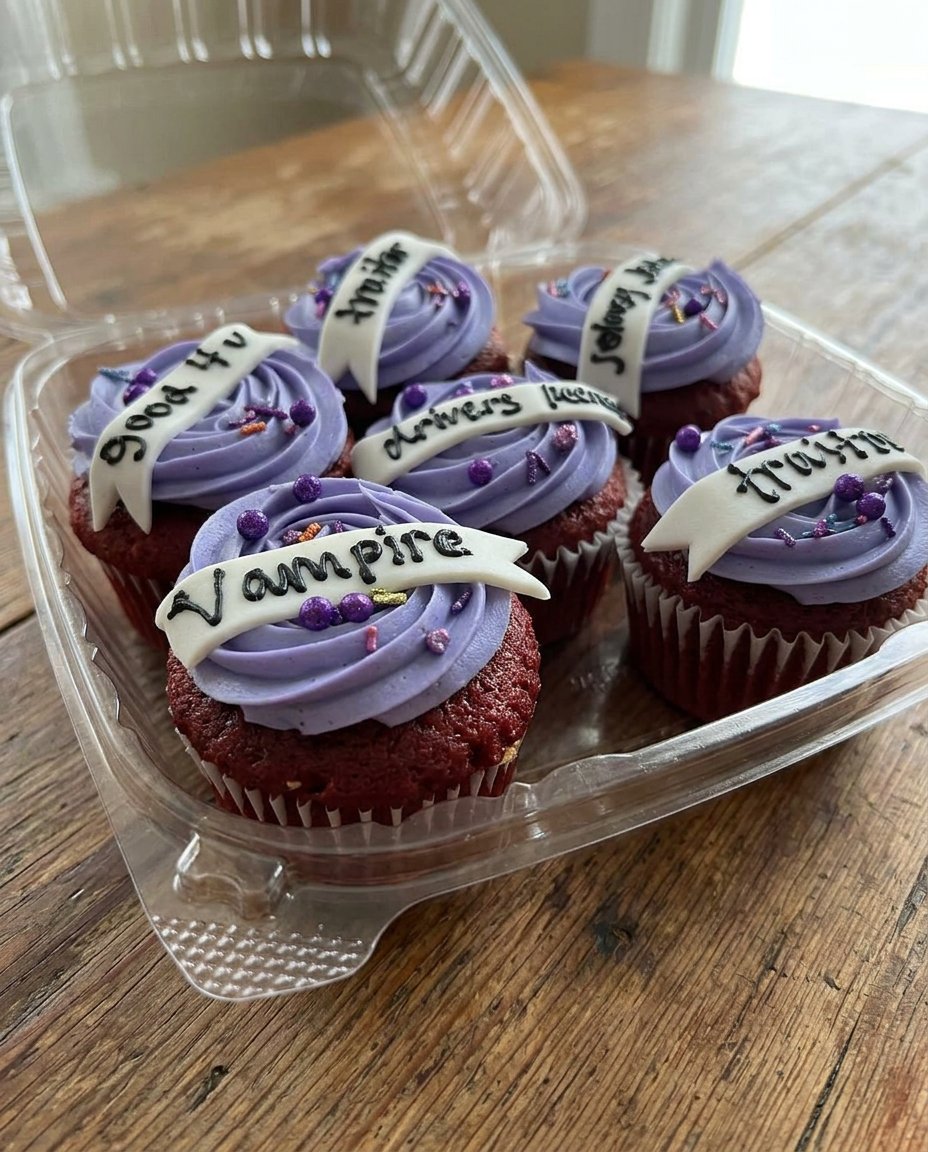 Piping purple frosting onto a cake using a petal tip