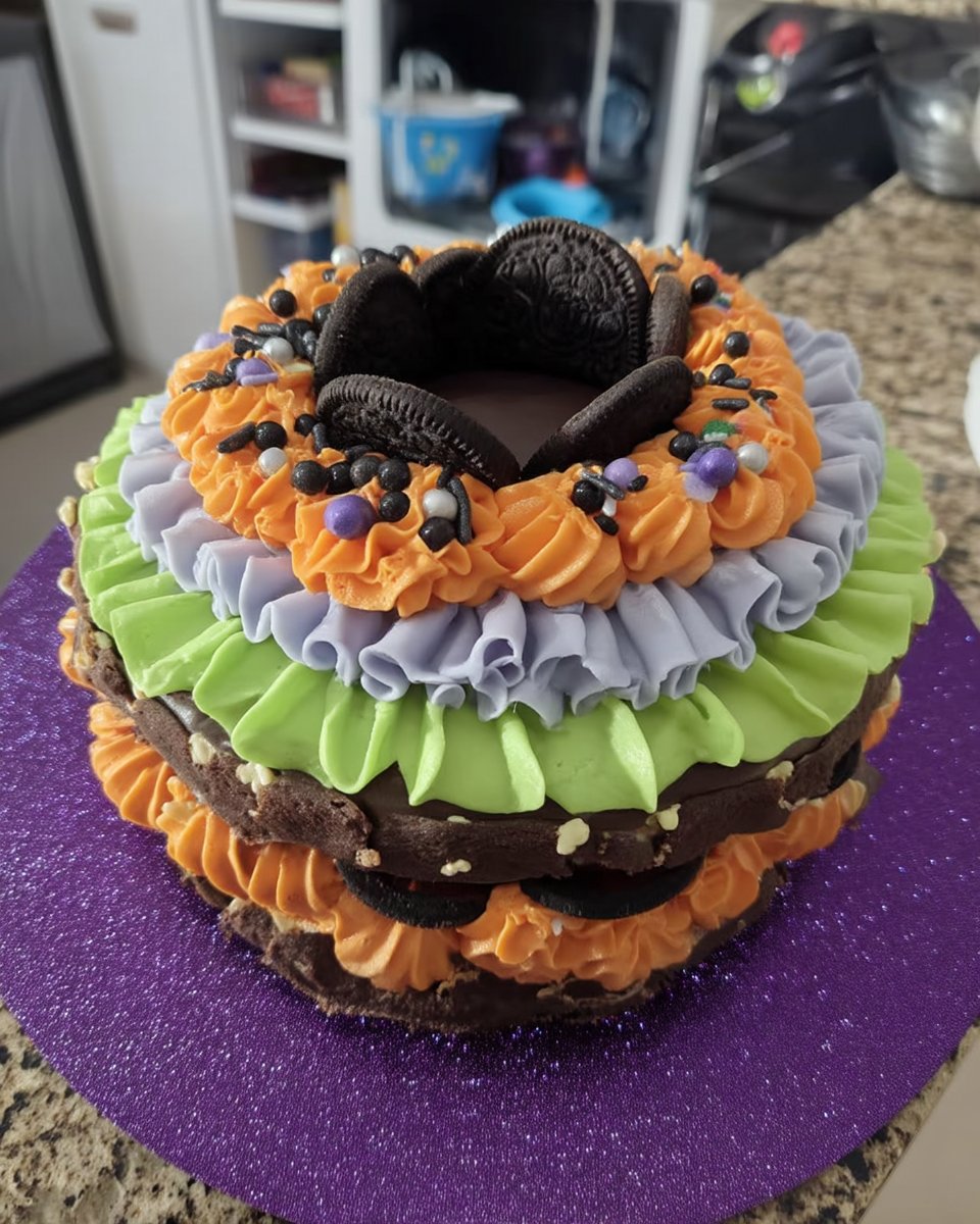 A close up of a hand piping an orange buttercream ruffle onto a white frosted cake using a 104 tip.