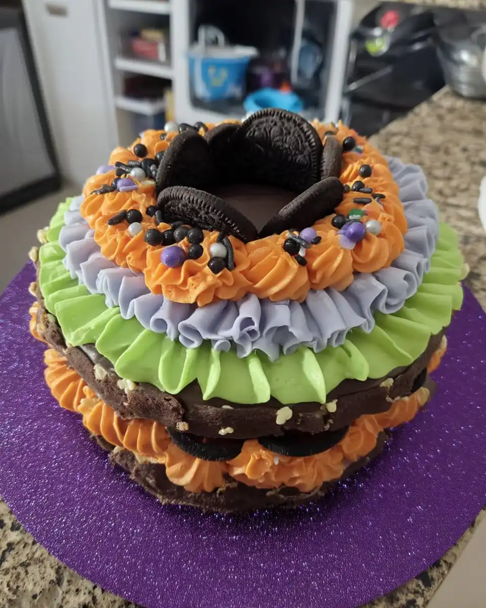 A close up of a hand piping an orange buttercream ruffle onto a white frosted cake using a 104 tip.