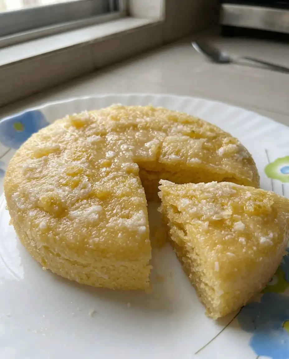 A hand poking holes in a warm lemon cake with a skewer