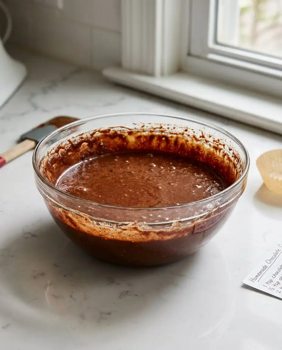A hand pouring steaming water into a dark chocolate cake batter in a glass bowl