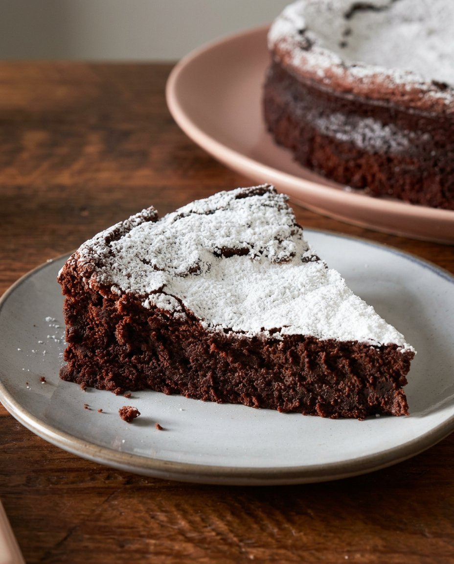Flourless Chocolate Cake 14 A whole flourless chocolate cake dusted with powdered sugar and garnished with berries