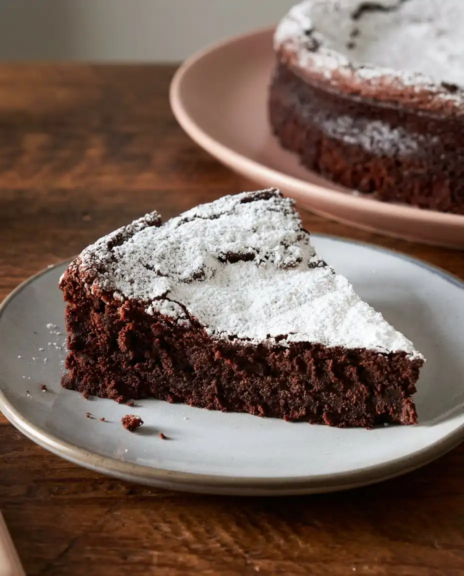 A whole flourless chocolate cake dusted with powdered sugar and garnished with berries