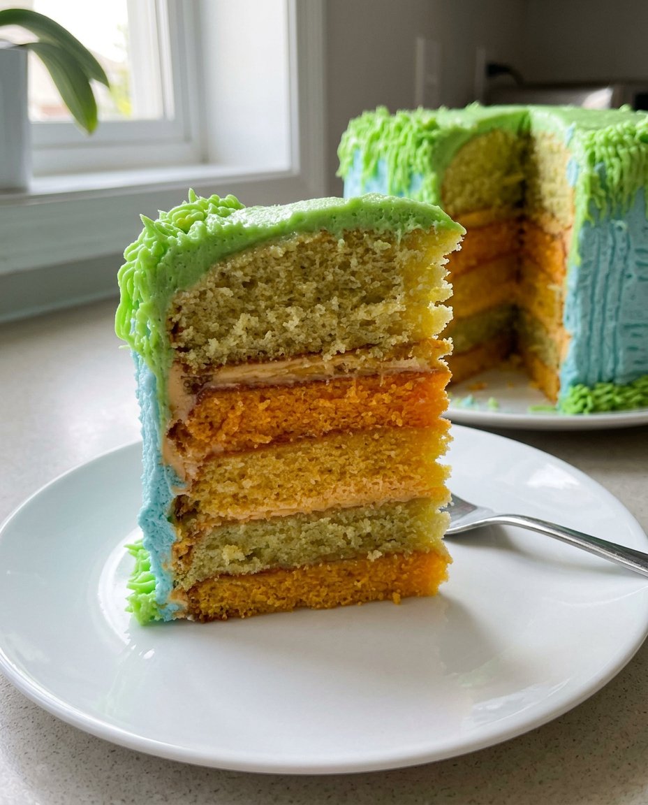 A slice of rainbow cake on a blue plate with a fork