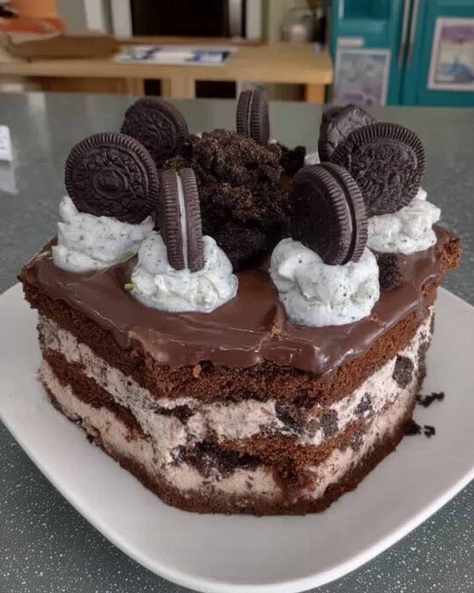 A tall three layer Oreo cake with white buttercream dollops and chocolate ganache dripping down the sides