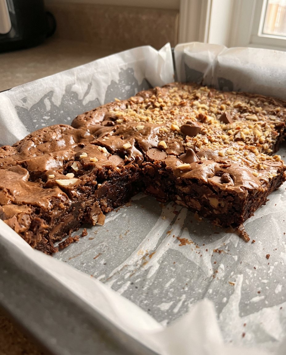 A close up of a rich brownie cake with melted chocolate chips on top