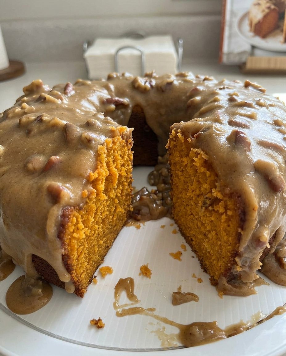 A golden brown sweet potato cake freshly baked in a round tin.