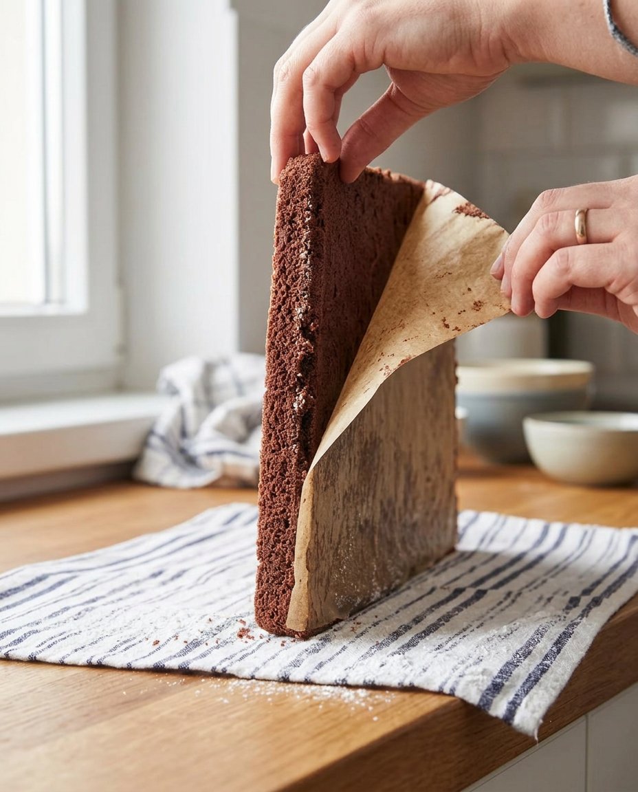 Rolling a chocolate sponge cake with a kitchen towel