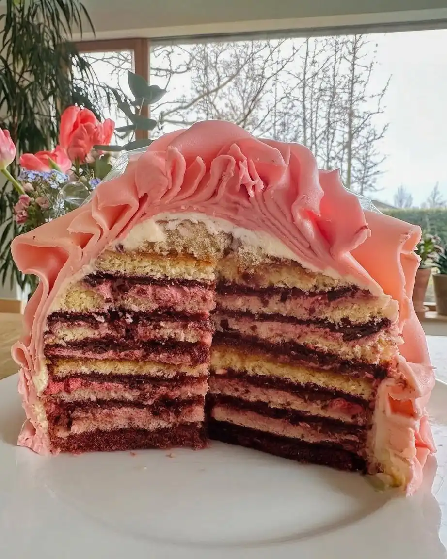 Spreading rose buttercream on a cake