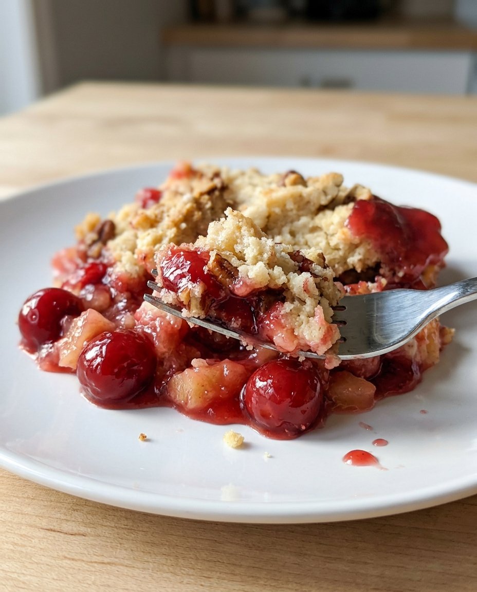 Cherry Dump Cake 14 A serving of cherry dump cake in a bowl topped with melting vanilla ice cream