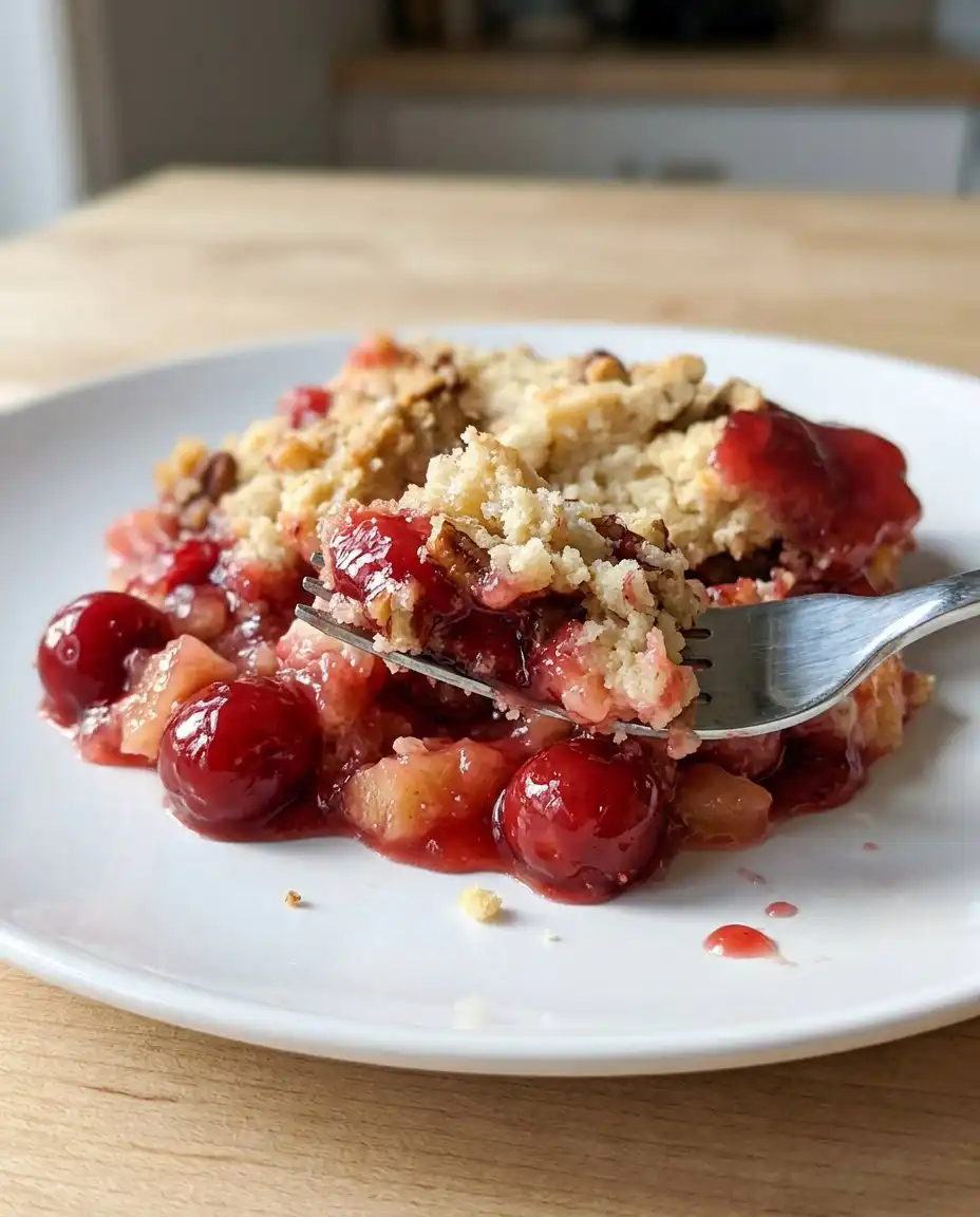 A serving of cherry dump cake in a bowl topped with melting vanilla ice cream