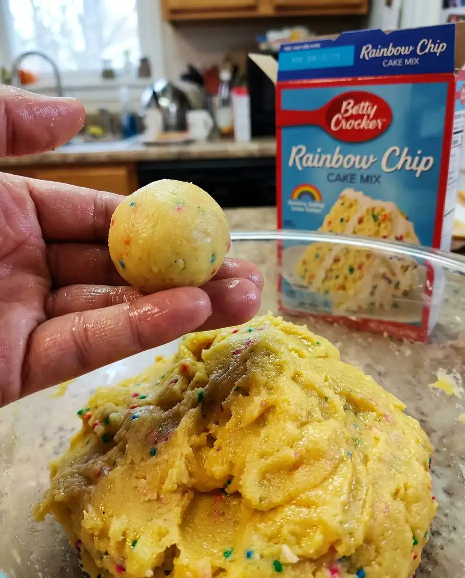 A metal cookie scoop placing thick cake mix cookie dough onto a parchment lined baking sheet.