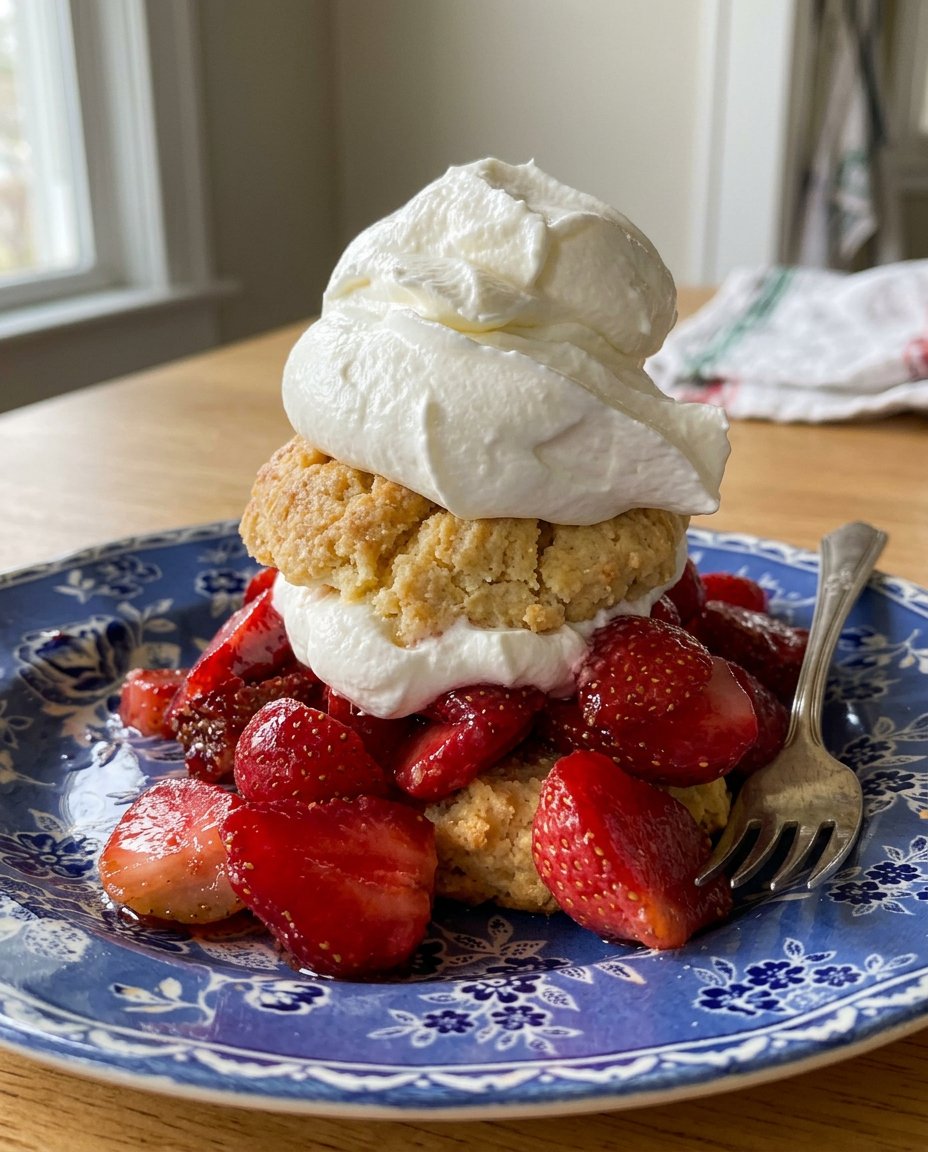 Two strawberry shortcakes served on a rustic wooden table