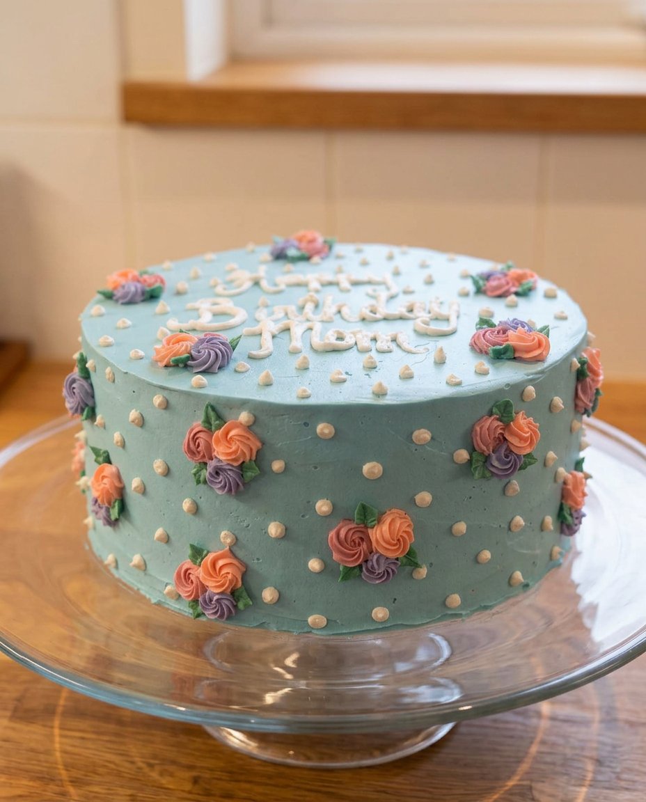 A slice of white floral cake on a plate next to a cup of coffee