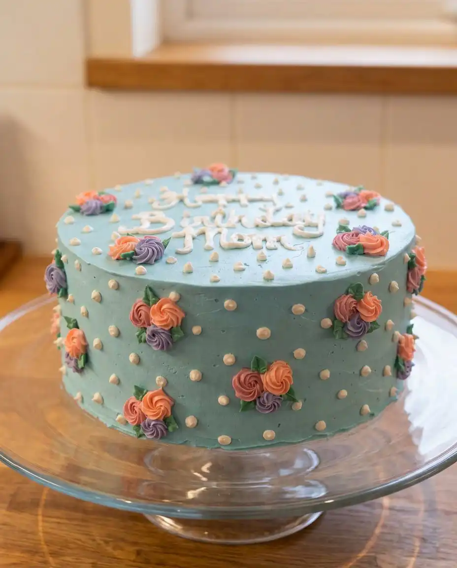 A slice of white floral cake on a plate next to a cup of coffee