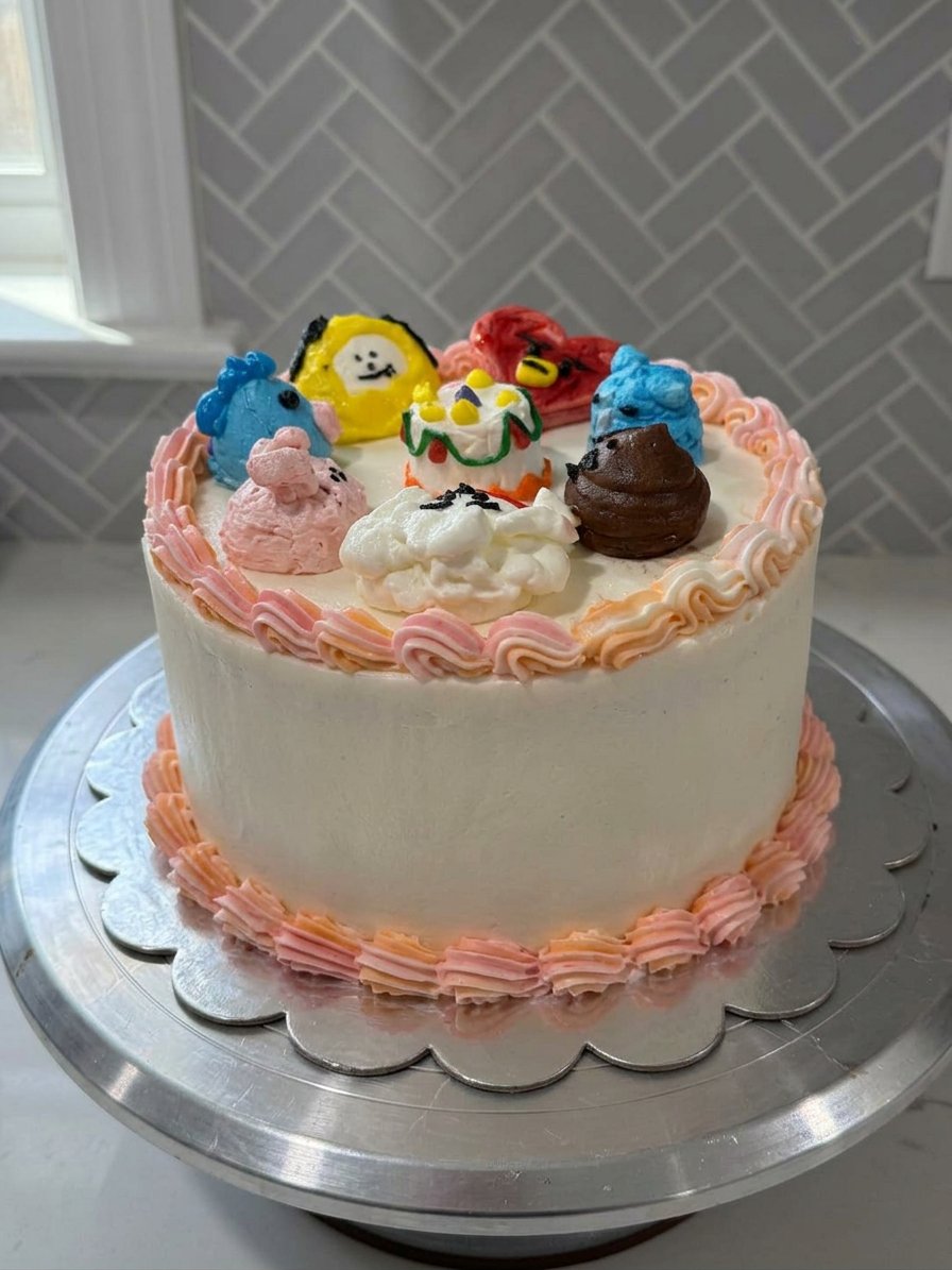 A slice of three layer bts cake on a white plate with a fork