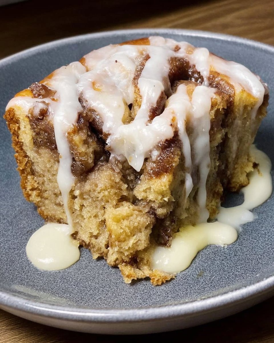 A single slice of cinnamon roll cake on a white plate with a fork