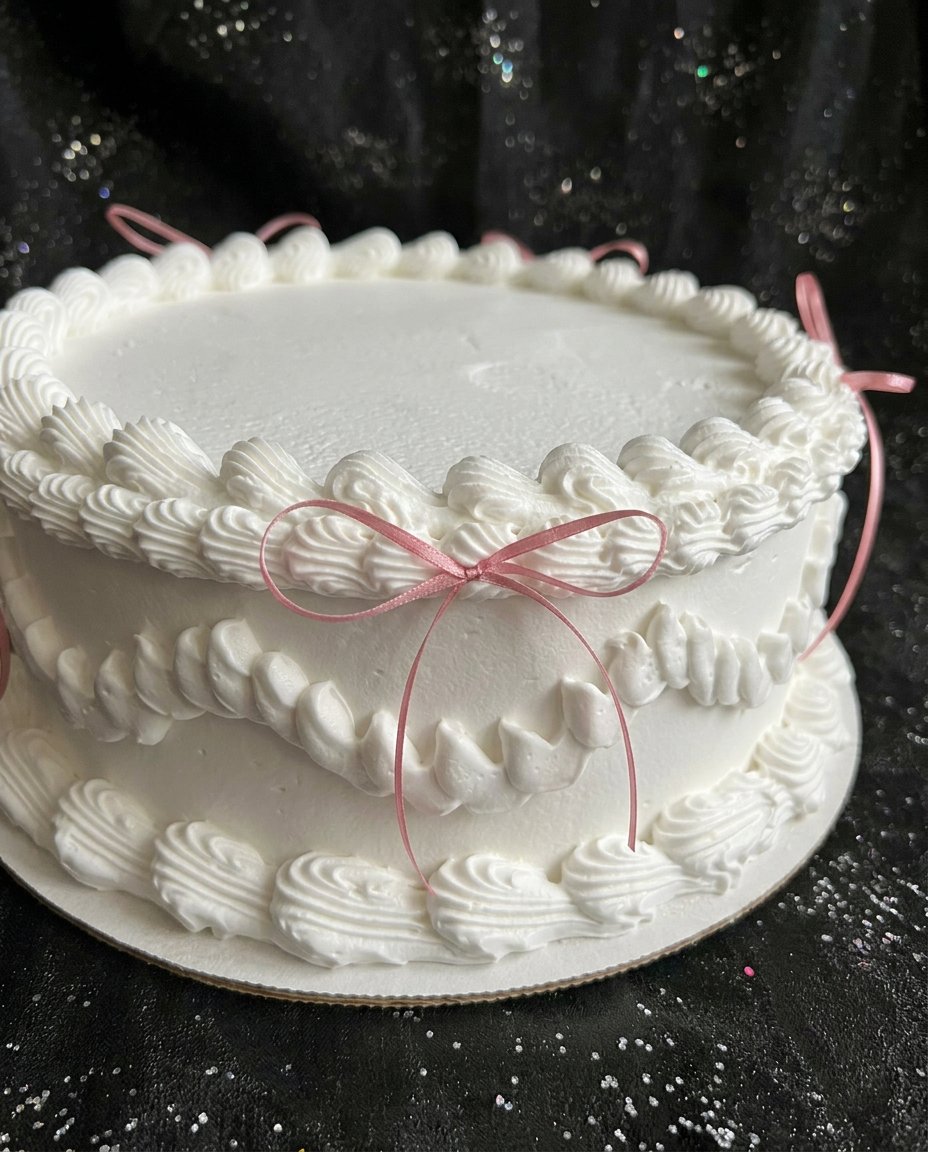 A slice of pink coquette cake on a white plate