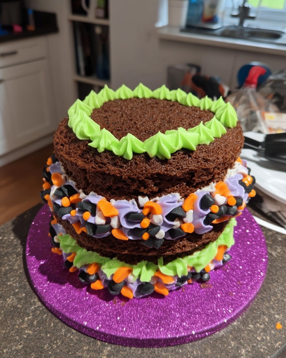 A slice of colorful Lambeth cake on a simple white plate with a fork.
