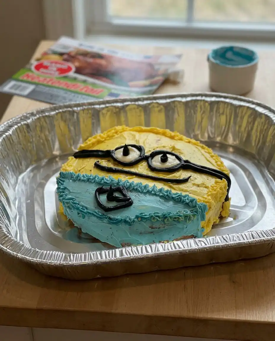 A thick square of chocolate minion cake on a simple white plate