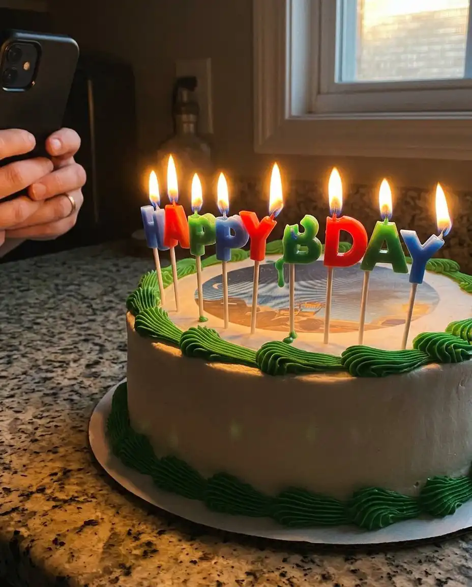 A clean slice of photo cake served on a simple white plate