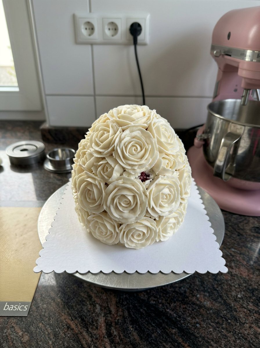 A slice of rose cake on a plate