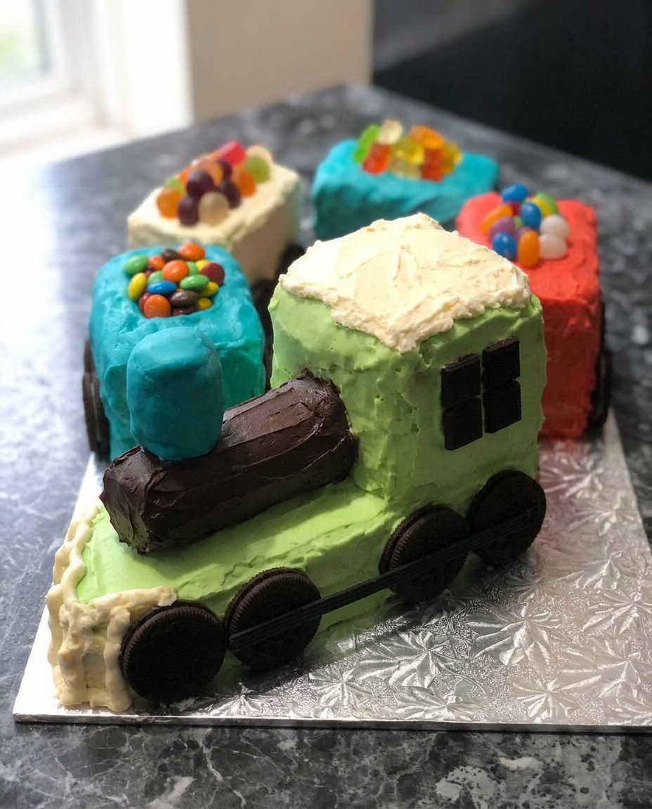 Slices of train cake served on plates at a birthday party