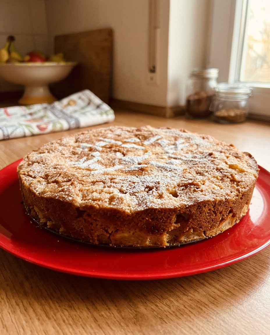 A slice of apple cake served on a white plate with a dollop of cream