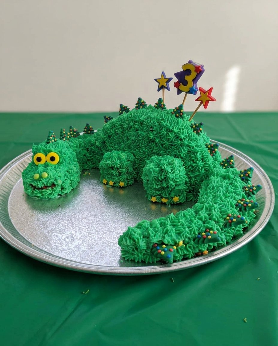 A slice of chocolate dino cake on a white plate