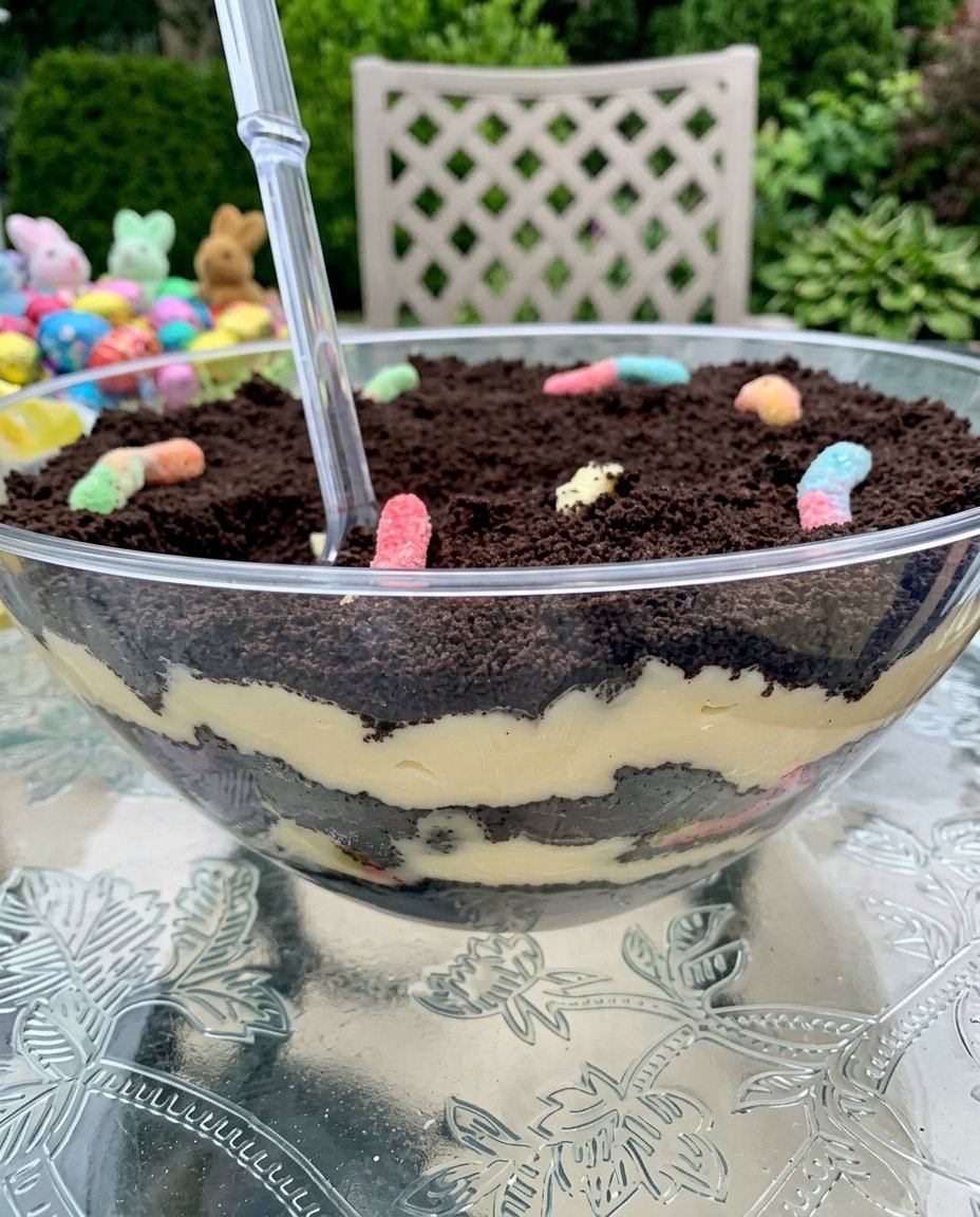 Easter Dirt Cake 14 A scoop of dirt cake with a candy egg on top