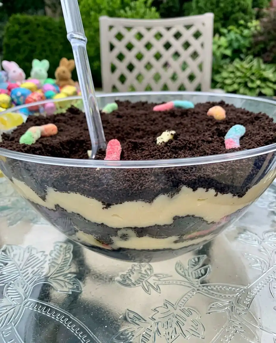 A scoop of dirt cake with a candy egg on top