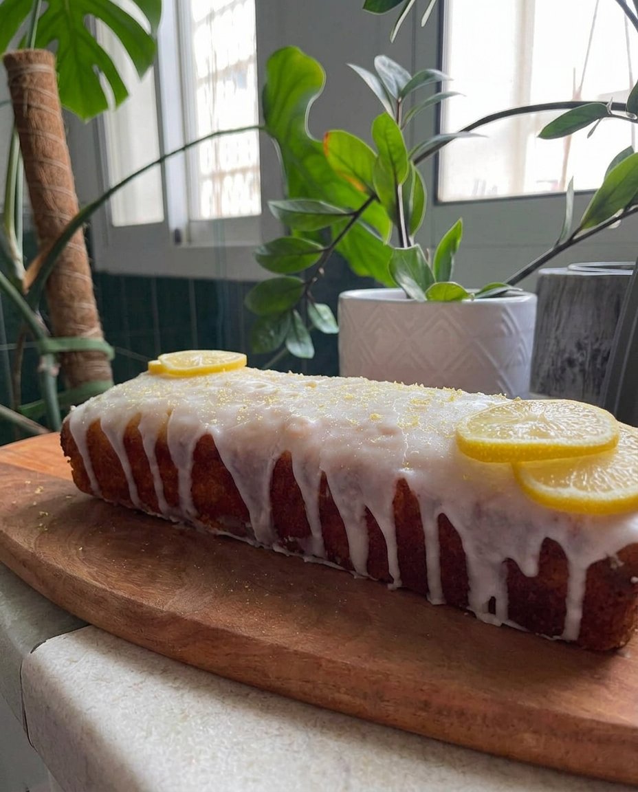 A slice of multi-layered lemon cake served next to a cup of hot tea
