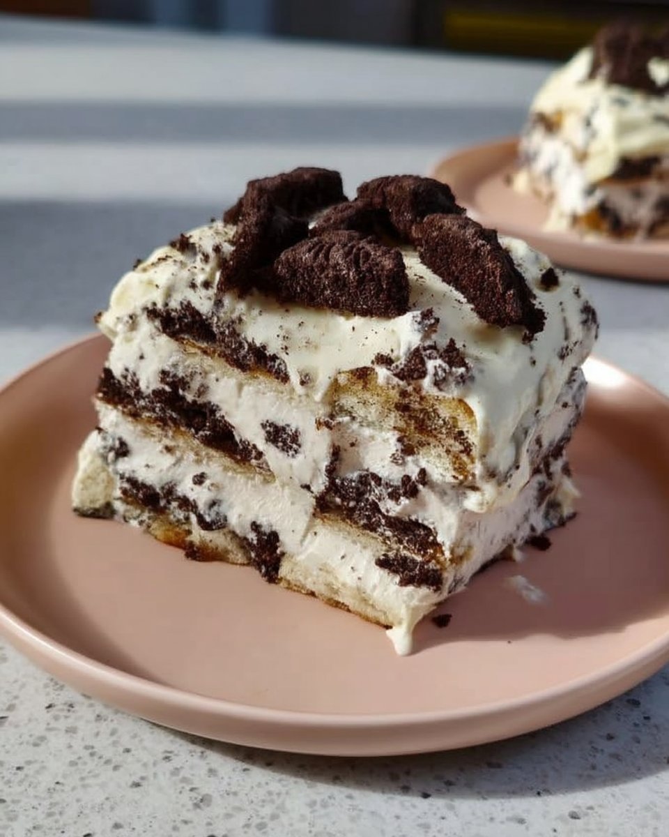 Oreo Icebox Cake 14 A square slice of Oreo icebox cake served on a white plate with a fork