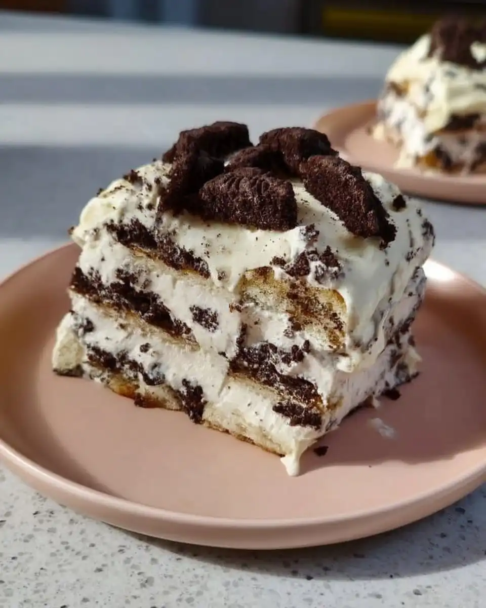 A square slice of Oreo icebox cake served on a white plate with a fork