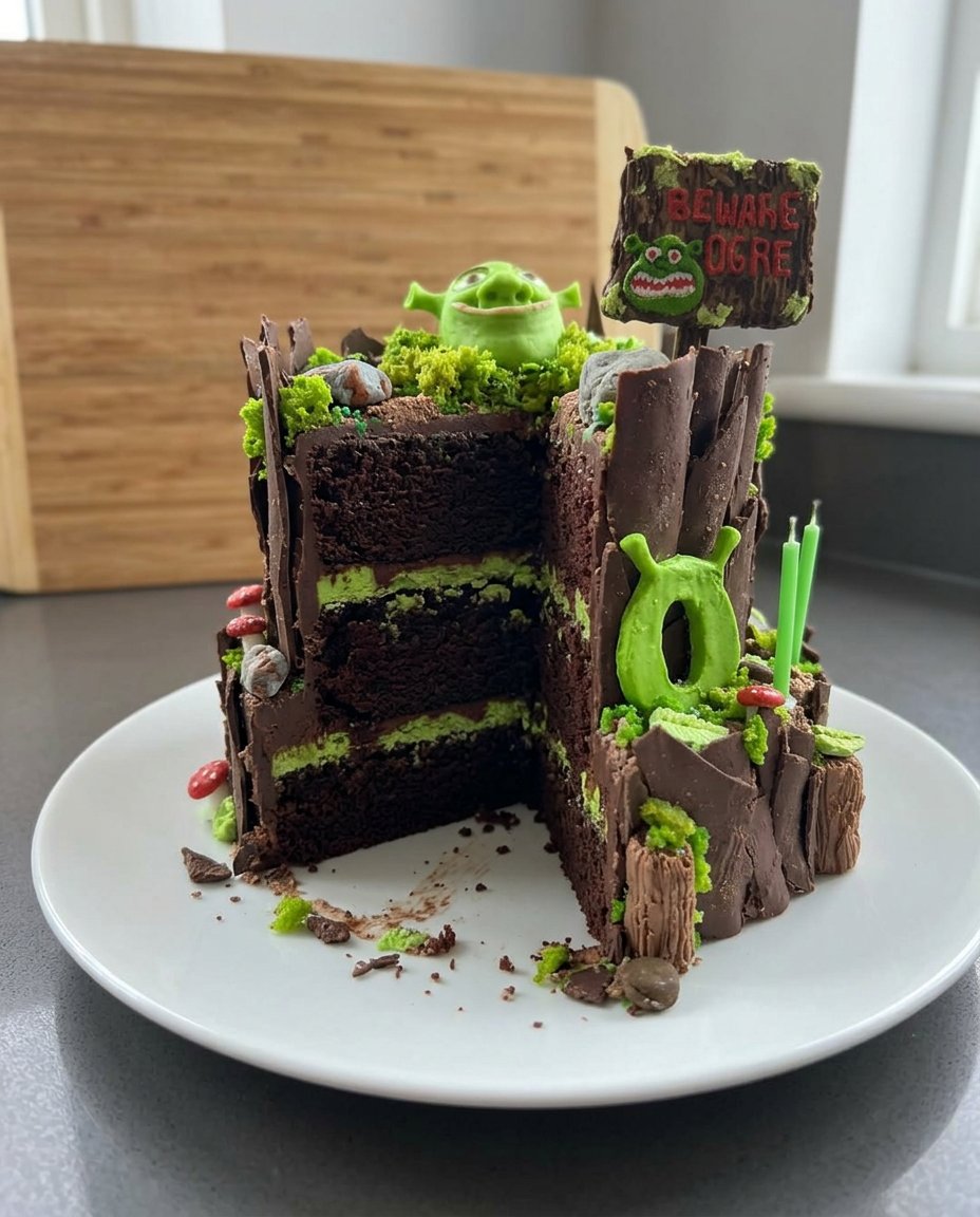 A slice of Shrek cake served on a simple white plate.