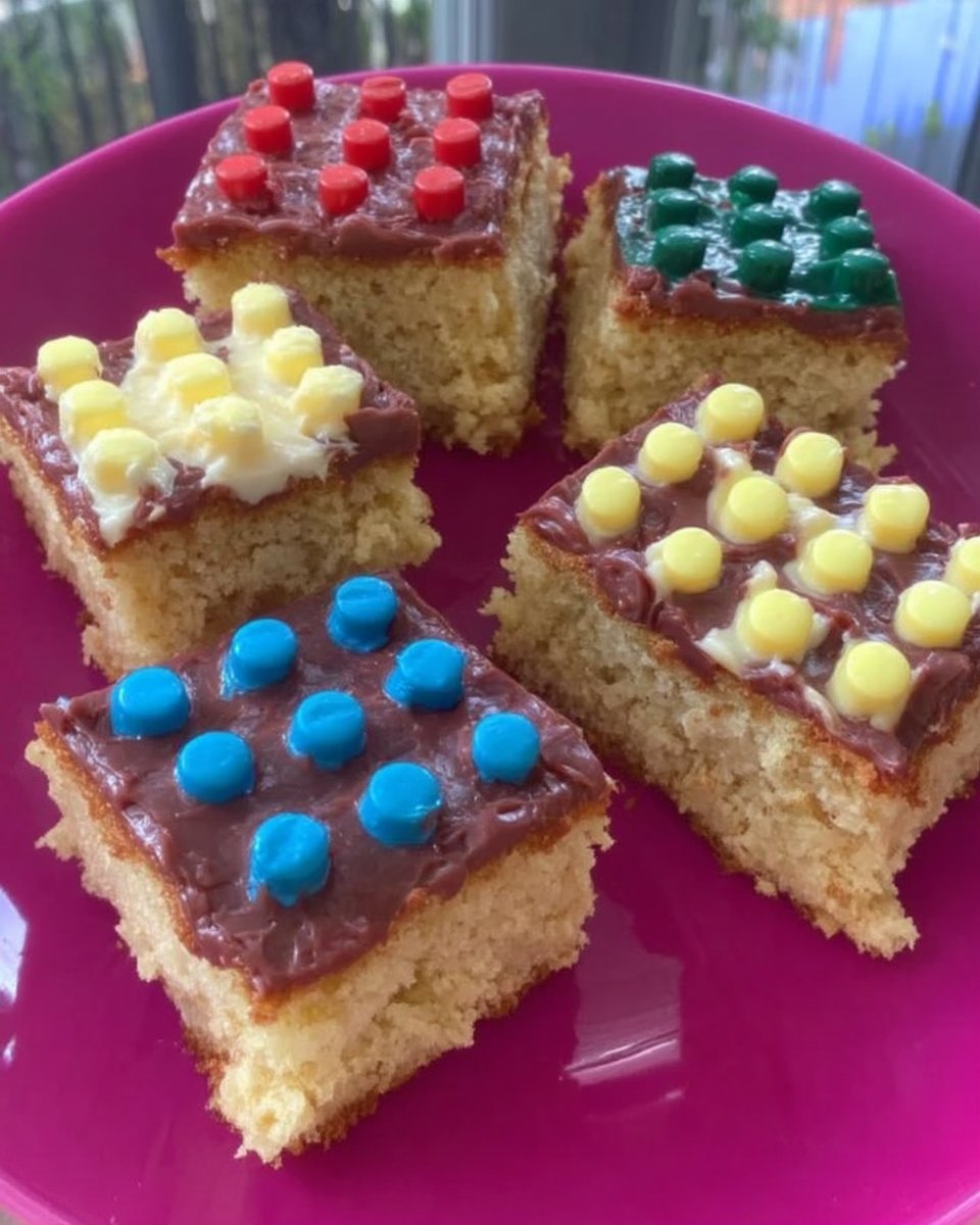 A platter of colorful lego cake bricks ready to serve