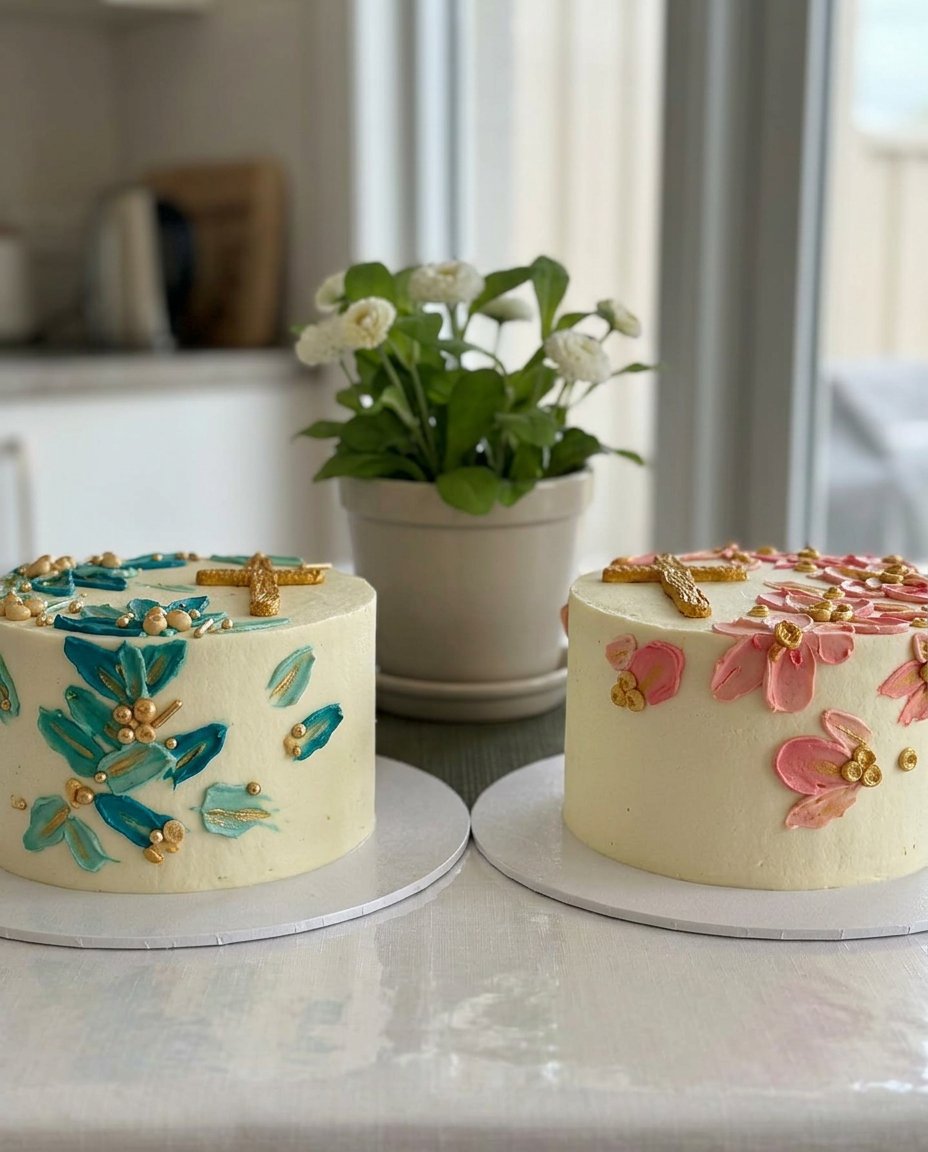 Baptism Cake 14 A single slice of baptism cake served on a white plate with a fork