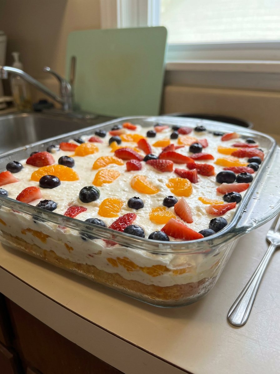 A slice of mandarin orange cake served on a white plate with a fork