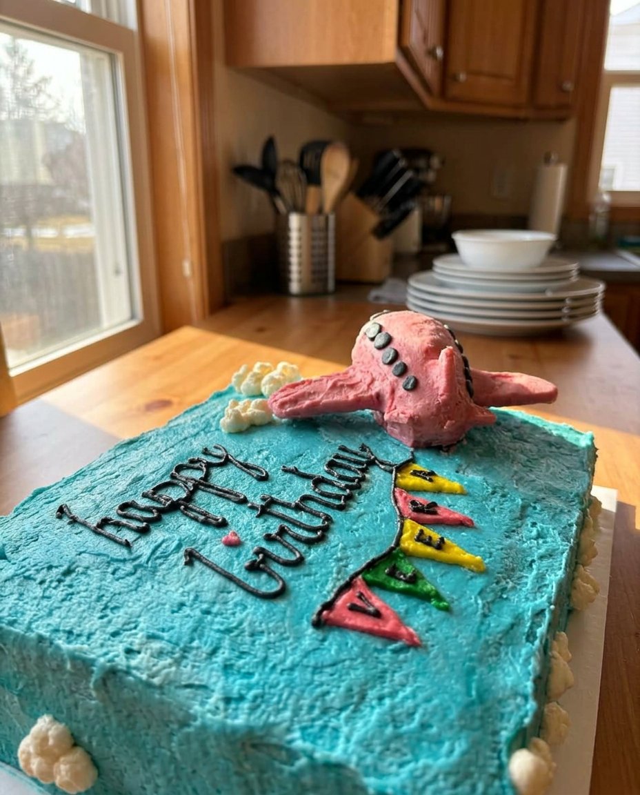 Rectangle Cake 14 A single square slice of rectangle cake with chocolate chips and frosting on a white plate.